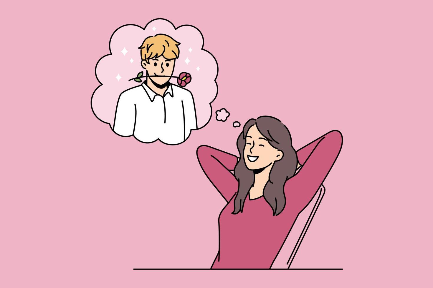 namoro romântico e sonhando com o conceito de amor. mulher positiva sorridente sentada e sonhando com o namorado com flor rosa na ilustração vetorial de boca vetor