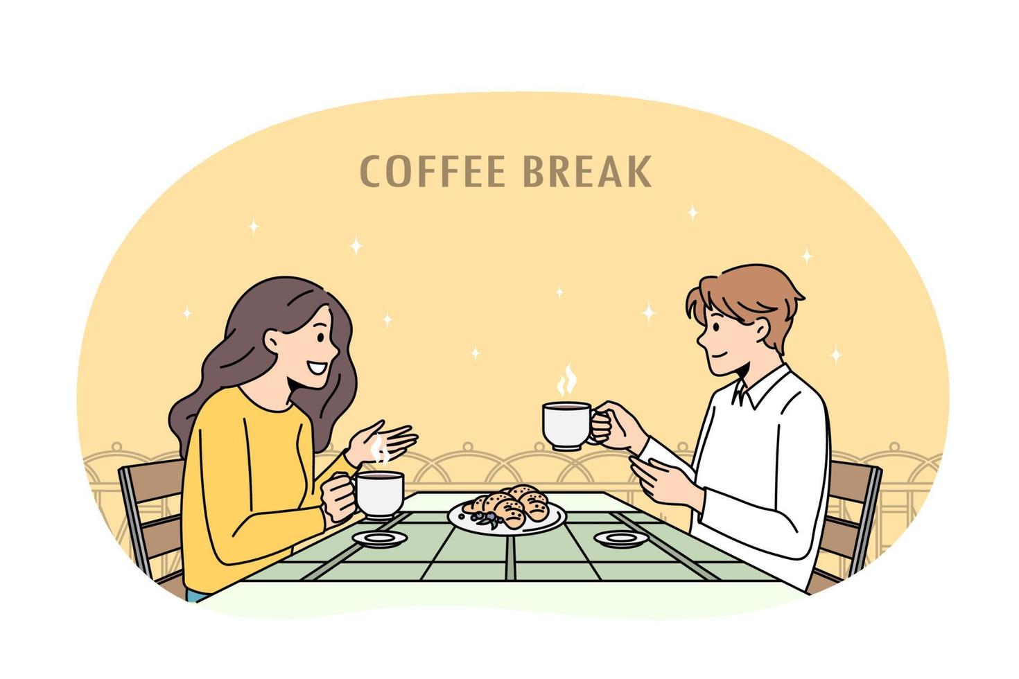 coffee-break e conceito de conversa. casal positivo homem e mulher sentados tomando café com biscoitos curtindo conversar juntos ilustração vetorial vetor