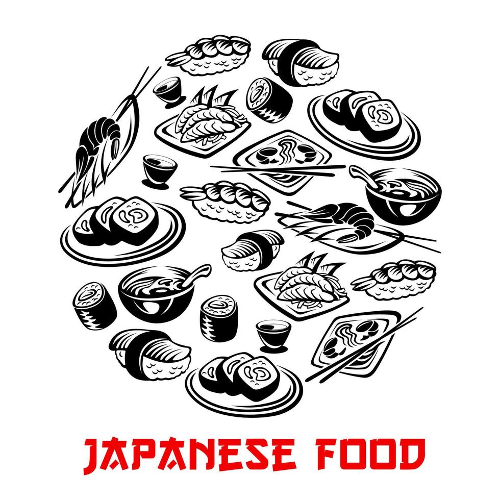 cartaz de comida japonesa e sushi e pãezinhos vetoriais vetor