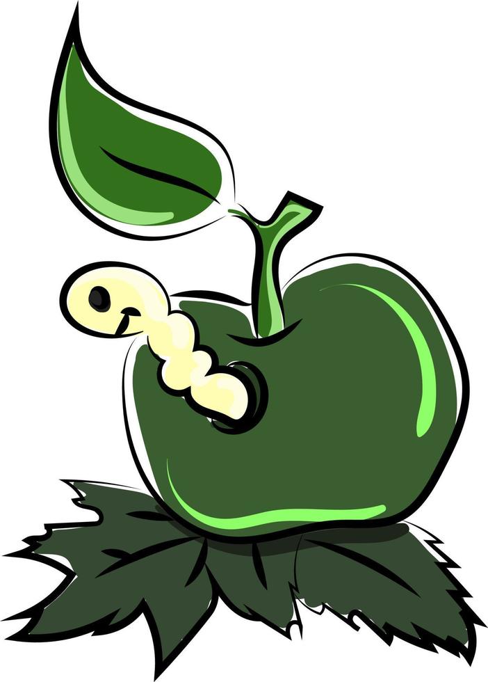 maçã verde com verme, ilustração, vetor em fundo branco.