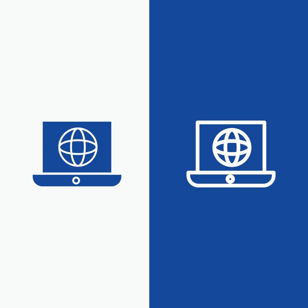 laptop mundo globo linha técnica e ícone sólido glifo linha de banner azul e ícone sólido glifo azul ba vetor