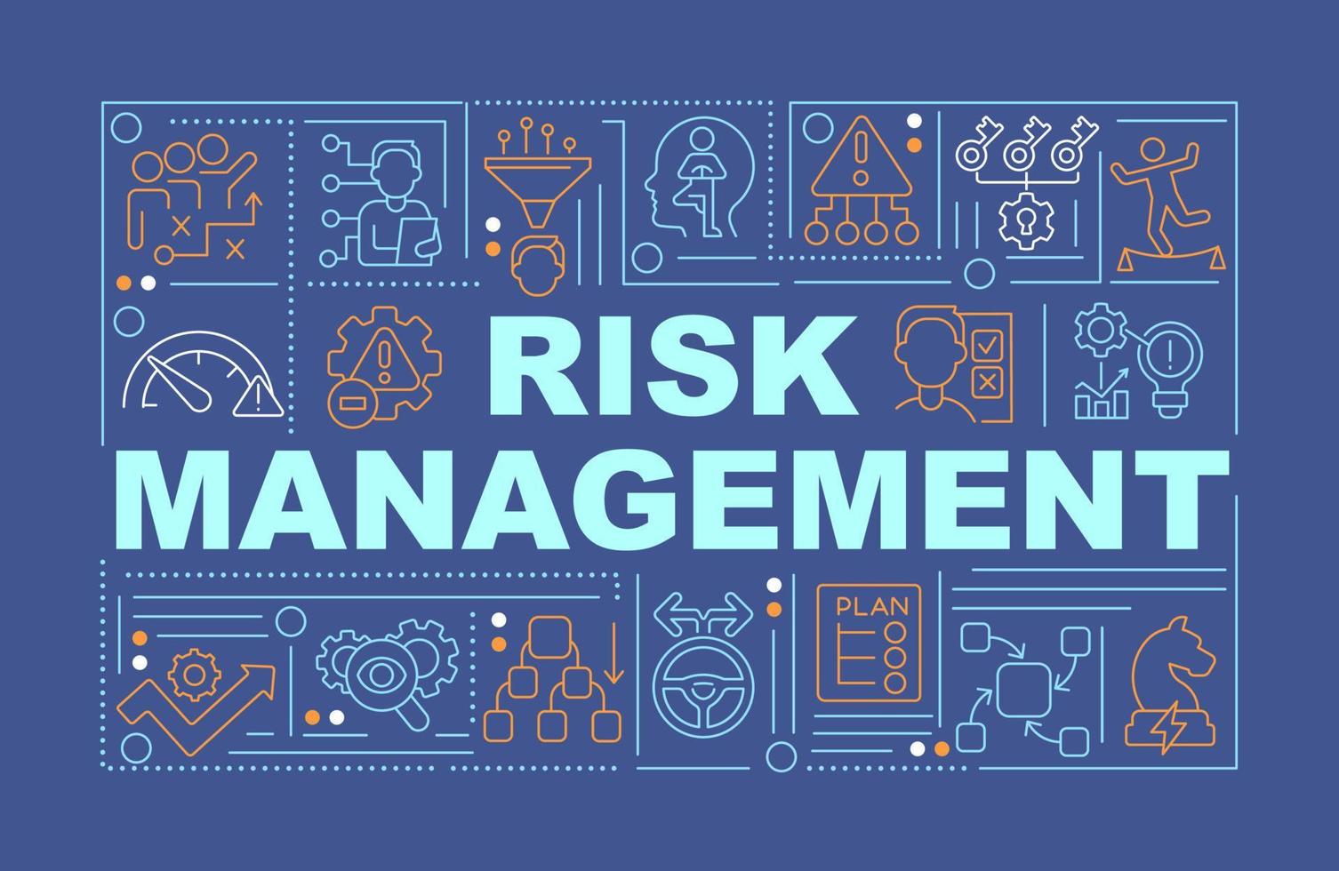 conceitos de palavra de gerenciamento de risco banner azul escuro. lidar com problemas. infográficos com ícones na cor de fundo. tipografia isolada. ilustração vetorial com texto. vetor