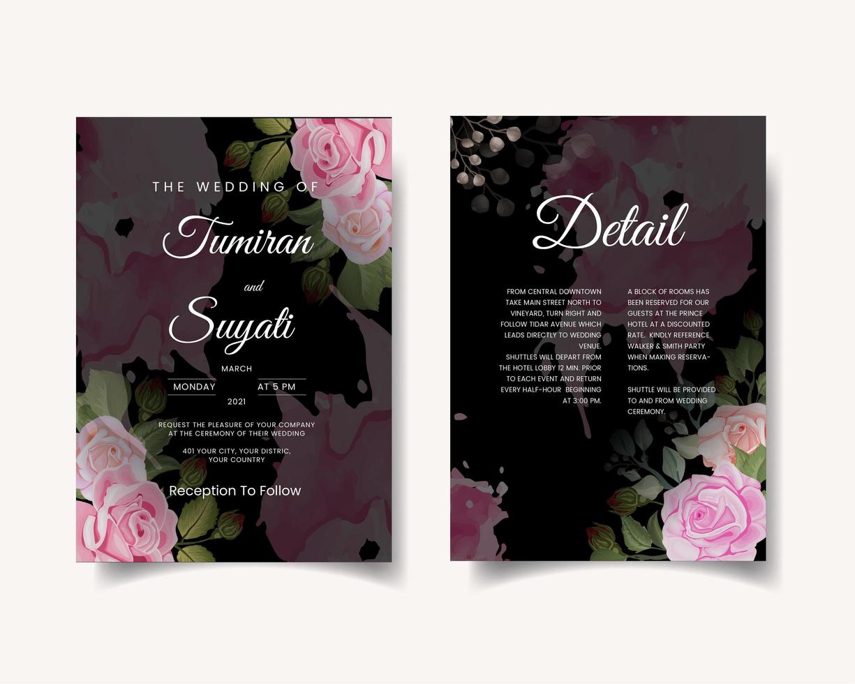 cartão de convite de casamento escuro com rosas vetor