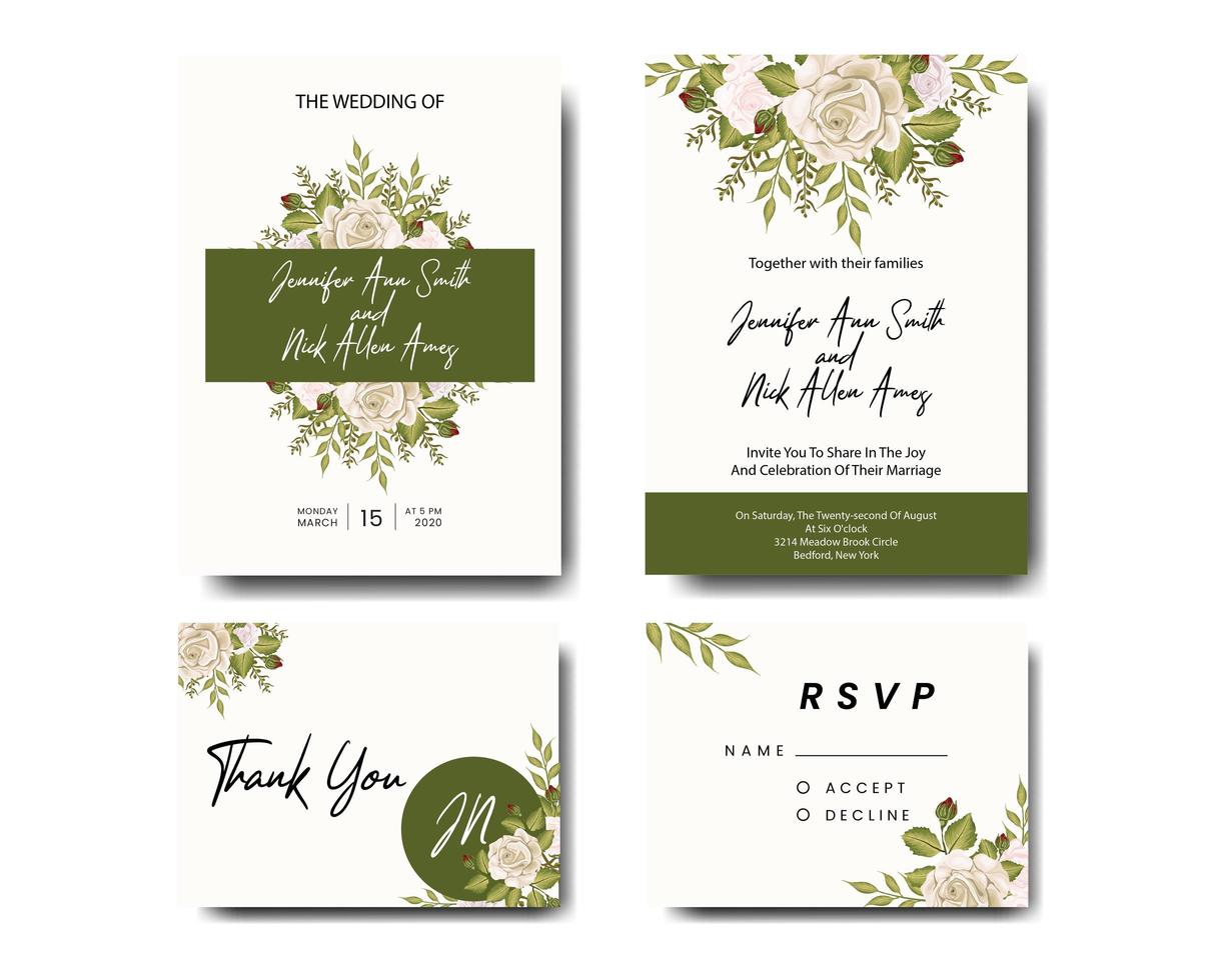 Conjunto de convite de casamento de rosas e folhas verdes vetor