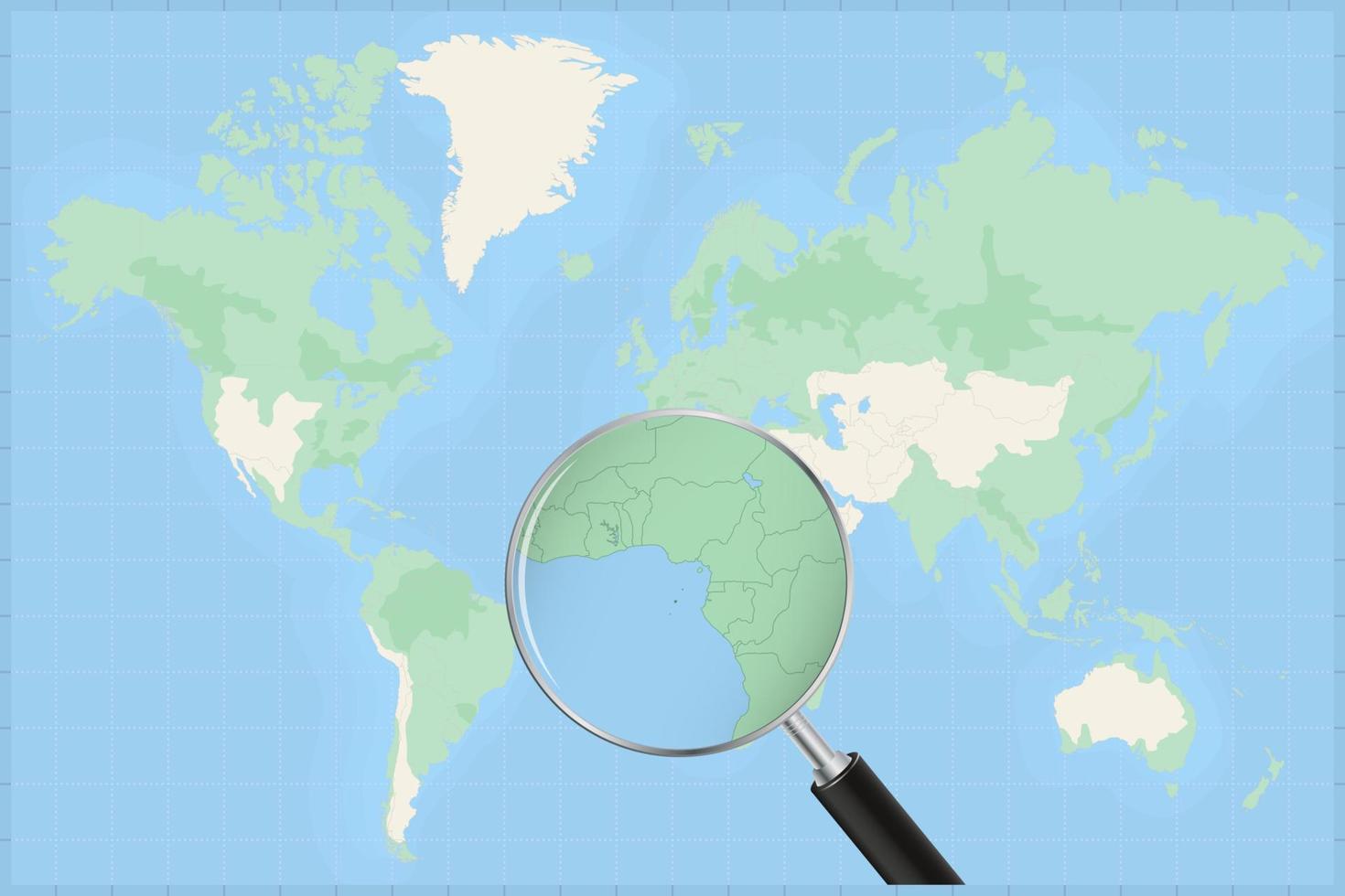 mapa do mundo com uma lupa no mapa de são tomé e príncipe. vetor