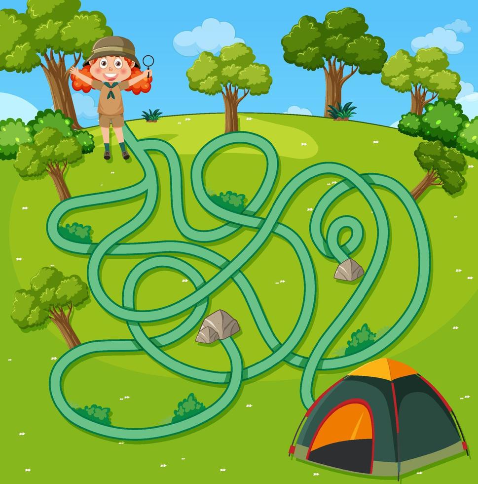 modelo de jogo de labirinto em tema de acampamento para crianças vetor