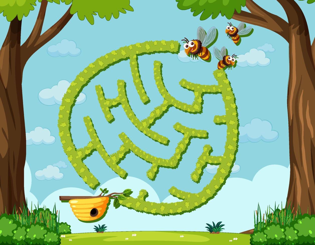modelo de jogo de labirinto em tema de abelha para crianças vetor