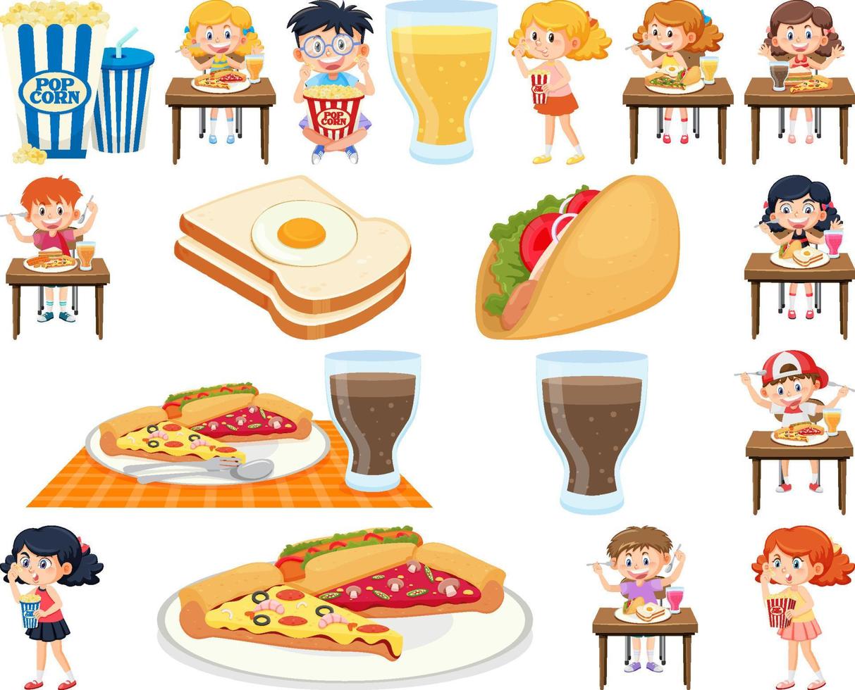 conjunto de diferentes junk foods e crianças vetor