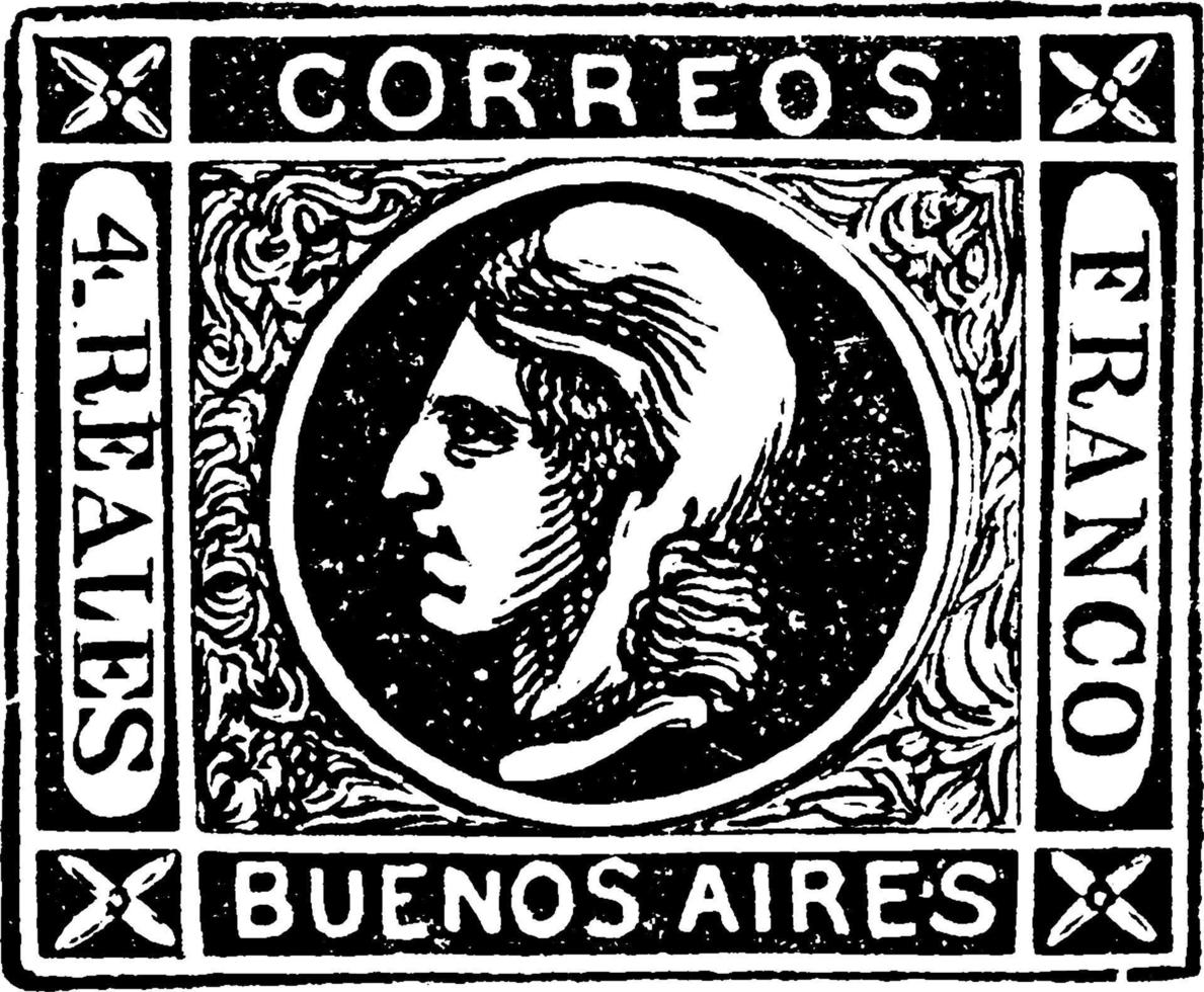 selo de buenos ayres 4 reales, 1860, ilustração vintage vetor