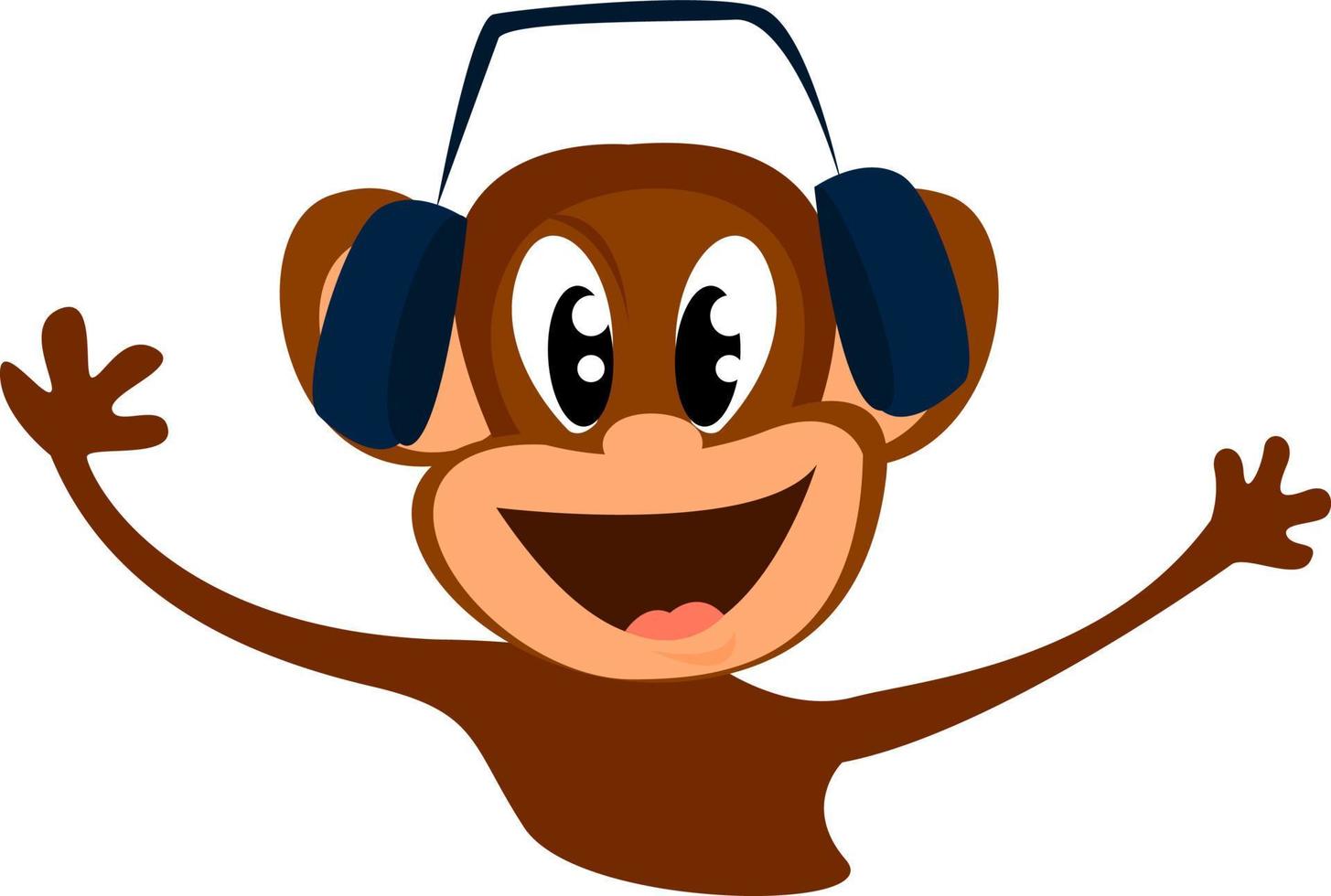 macaco com fones de ouvido, ilustração, vetor em fundo branco.