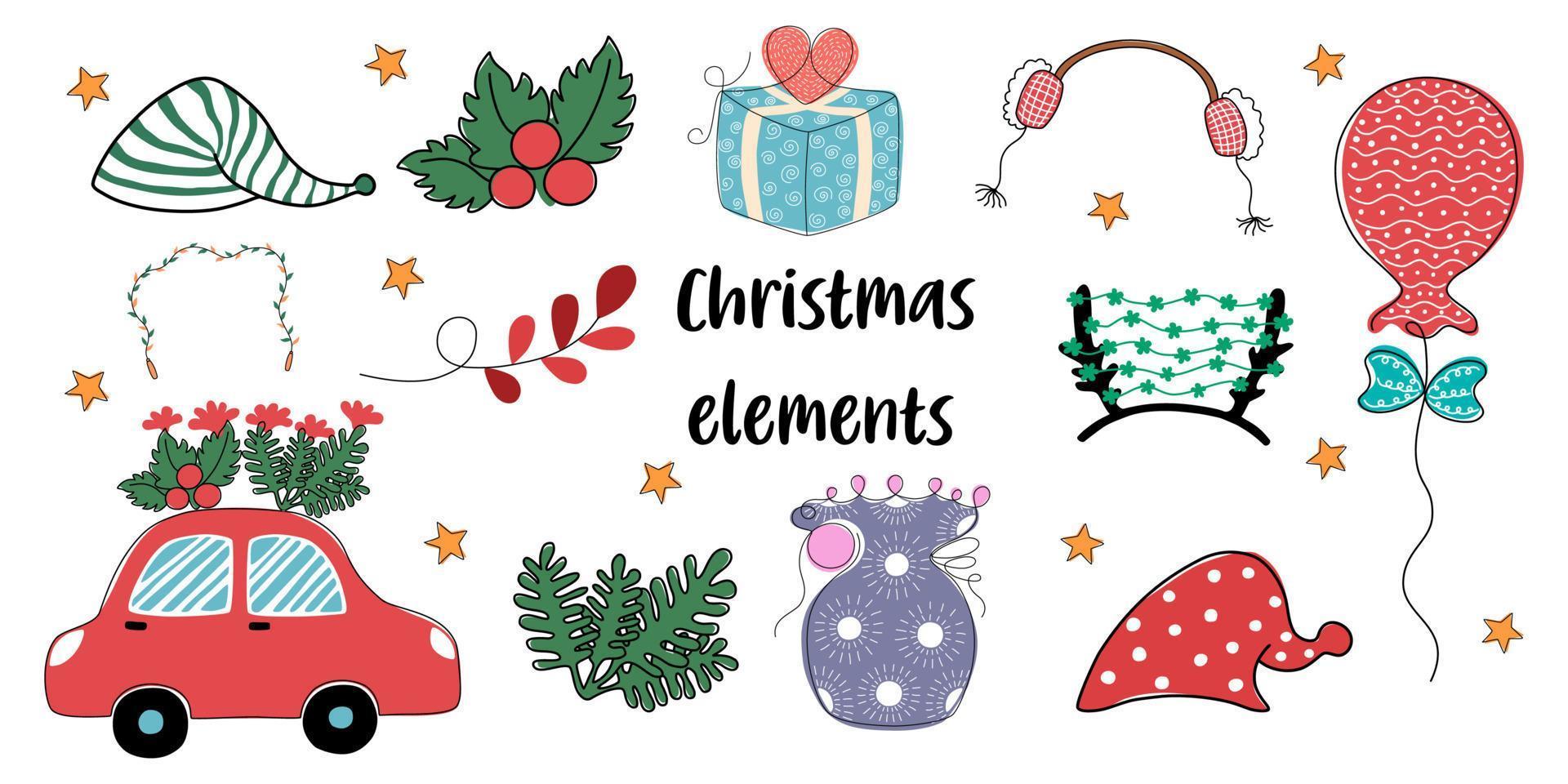 elementos de natal projetados em estilo doodle para decorações temáticas de natal, cartões, álbuns de recortes, impressões digitais, designs de bolsas, padrões de tecido e muito mais. vetor