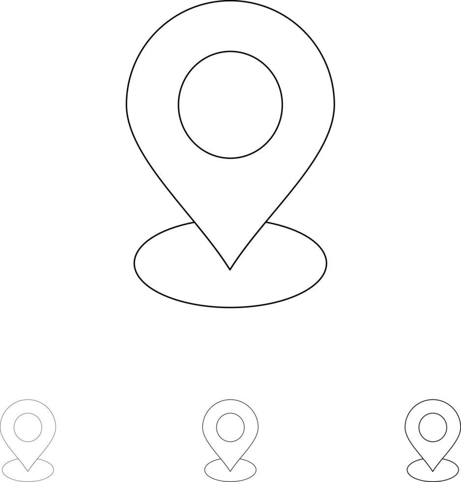 pino marcador de mapa de localização conjunto de ícones de linha preta em negrito e fino vetor