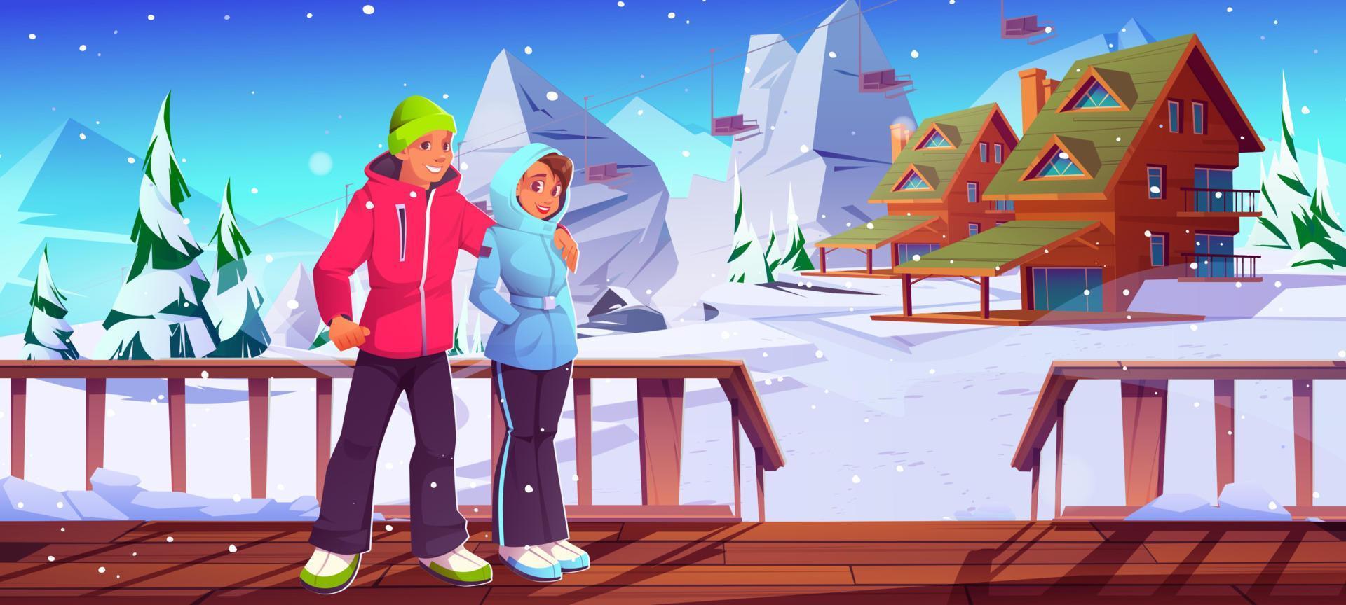 jovem casal na estância de esqui, homem e mulher relaxam vetor