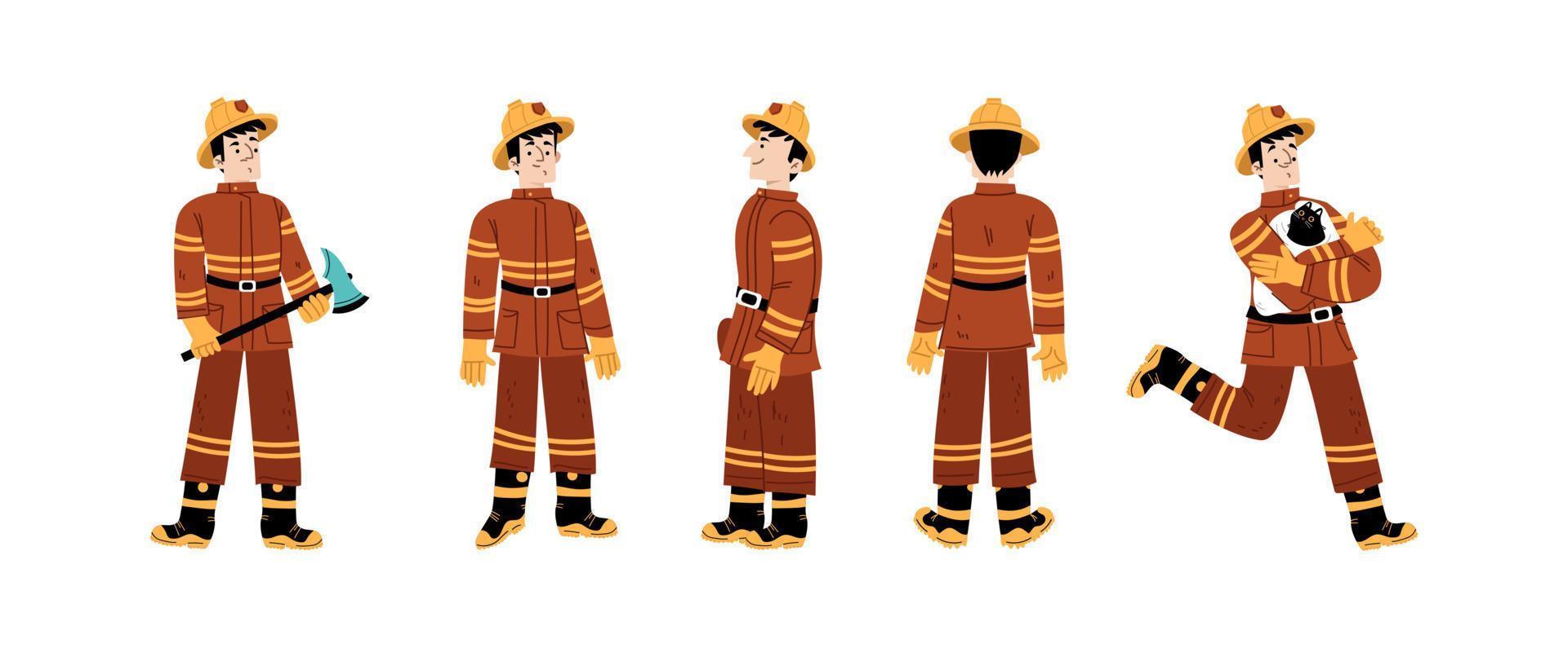bombeiro no capacete na frente, lateral e vista traseira vetor