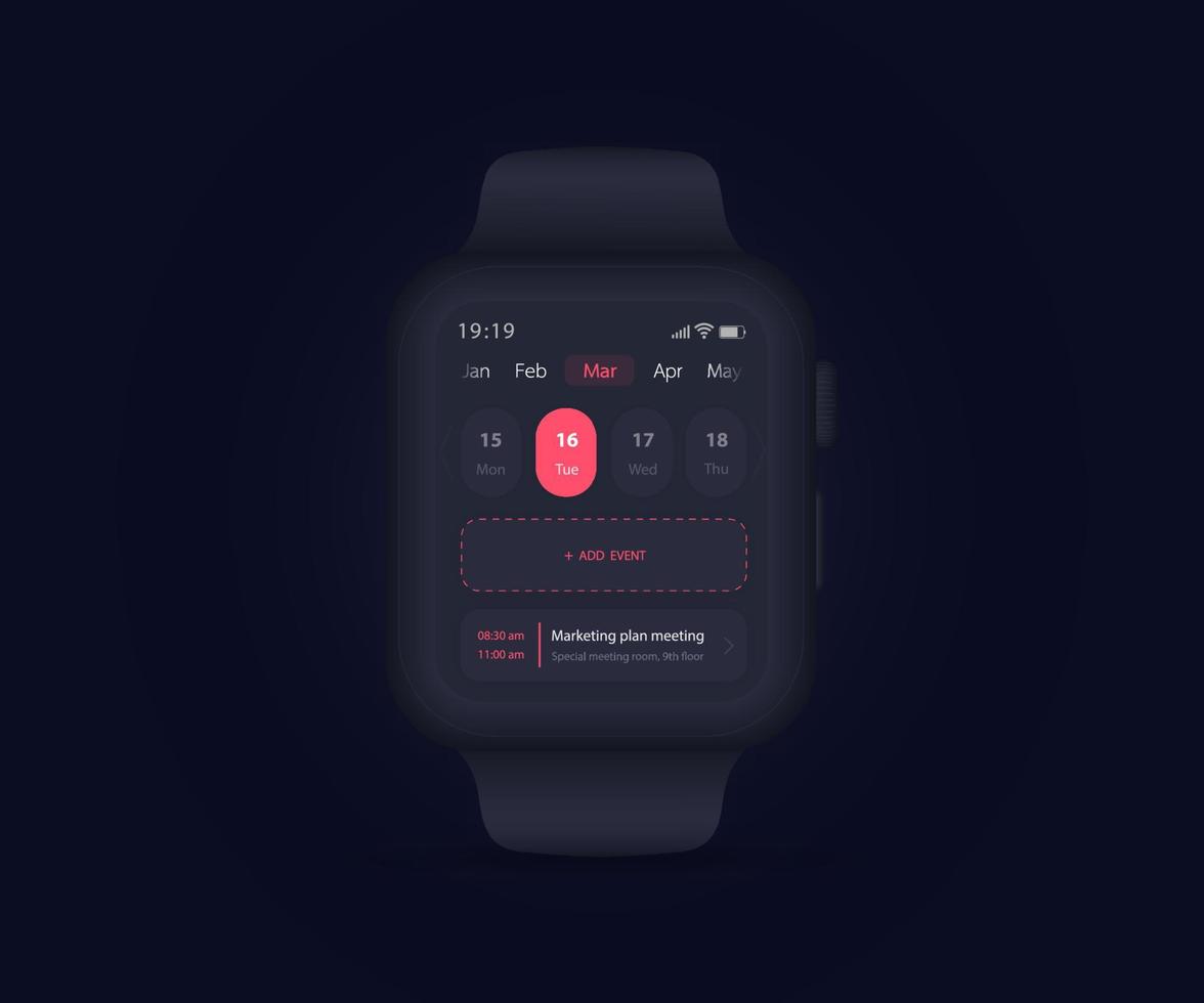 conceito de aplicativo planejador de calendário smartwatch, relógio  calendário de atividades ui ux, aplicativo de reunião