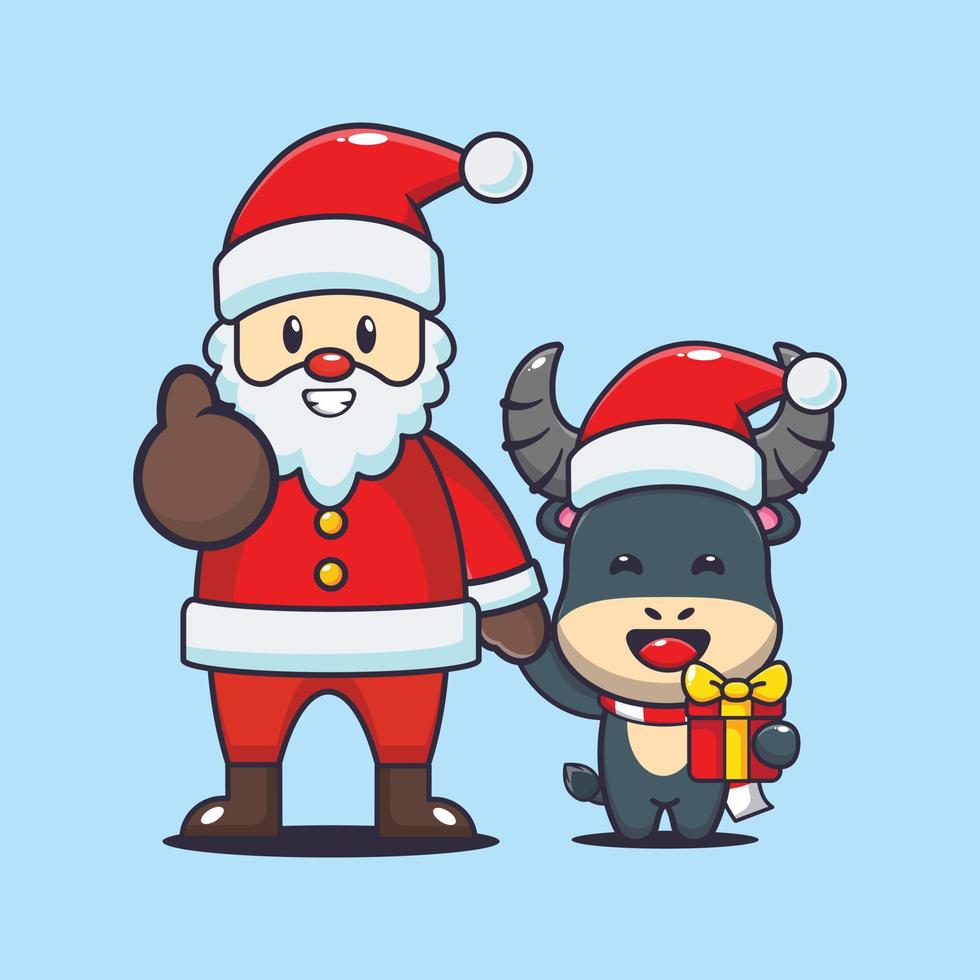 búfalo fofo com papai noel. ilustração de desenho animado de natal bonito. vetor