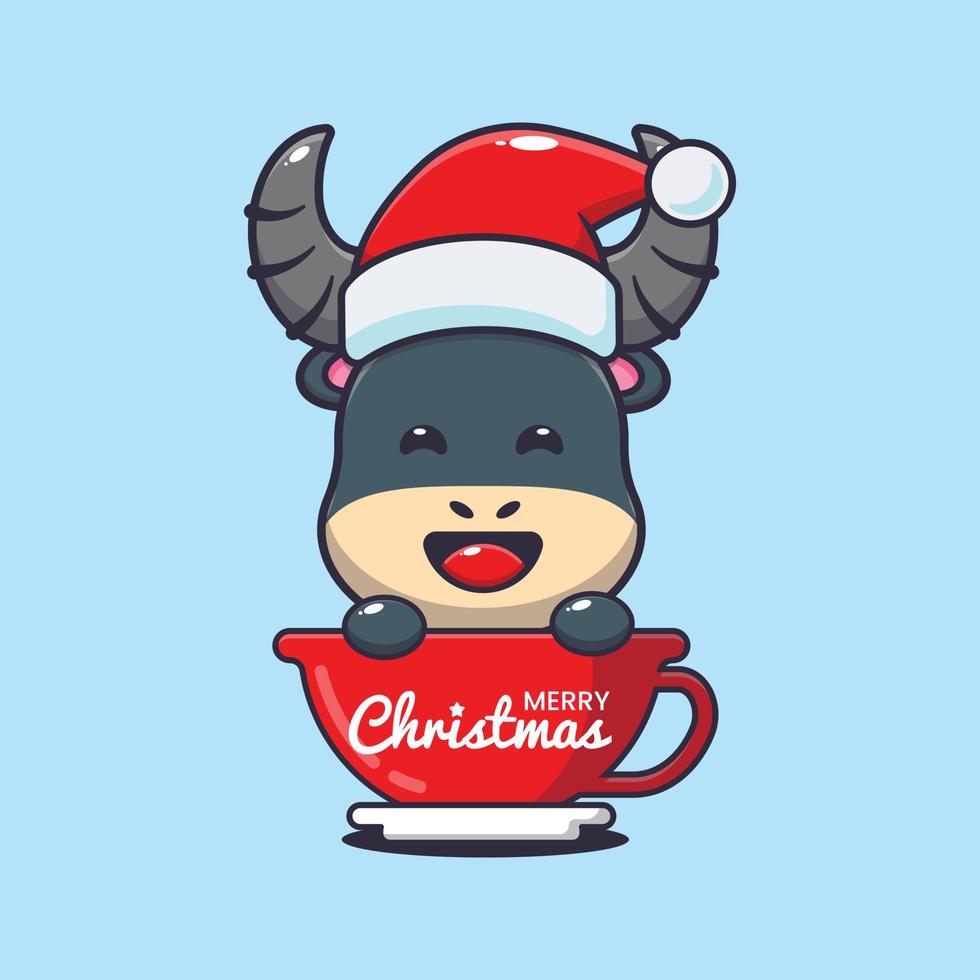 búfalo bonito usando chapéu de Papai Noel na Copa. ilustração de desenho animado de natal bonito. vetor