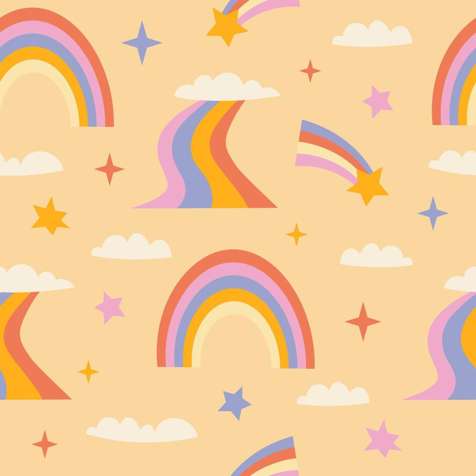padrão abstrato no estilo dos anos 70 com um arco-íris, estrelas e nuvens. desenho vetorial retrô. fundo amarelo. o estilo dos anos 60, 70, 80. vetor