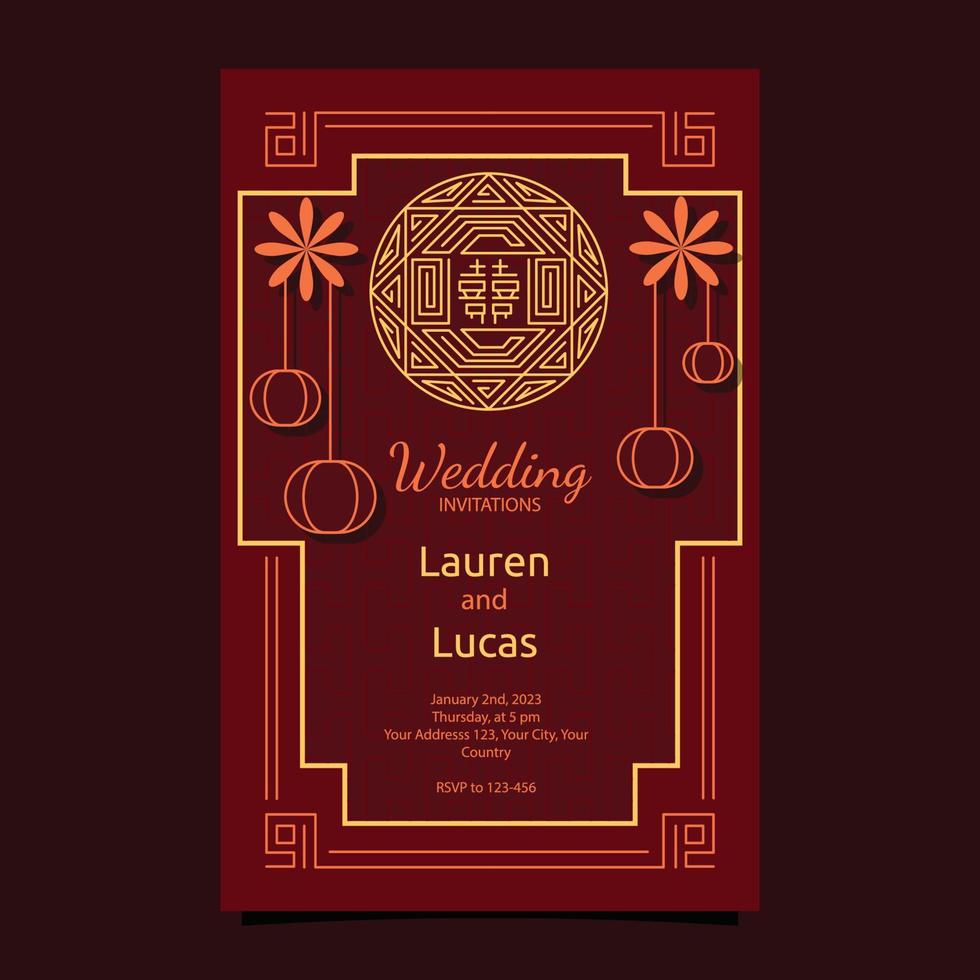 modelo de design de cartão de convite de casamento chinês amarelo vermelho vetor