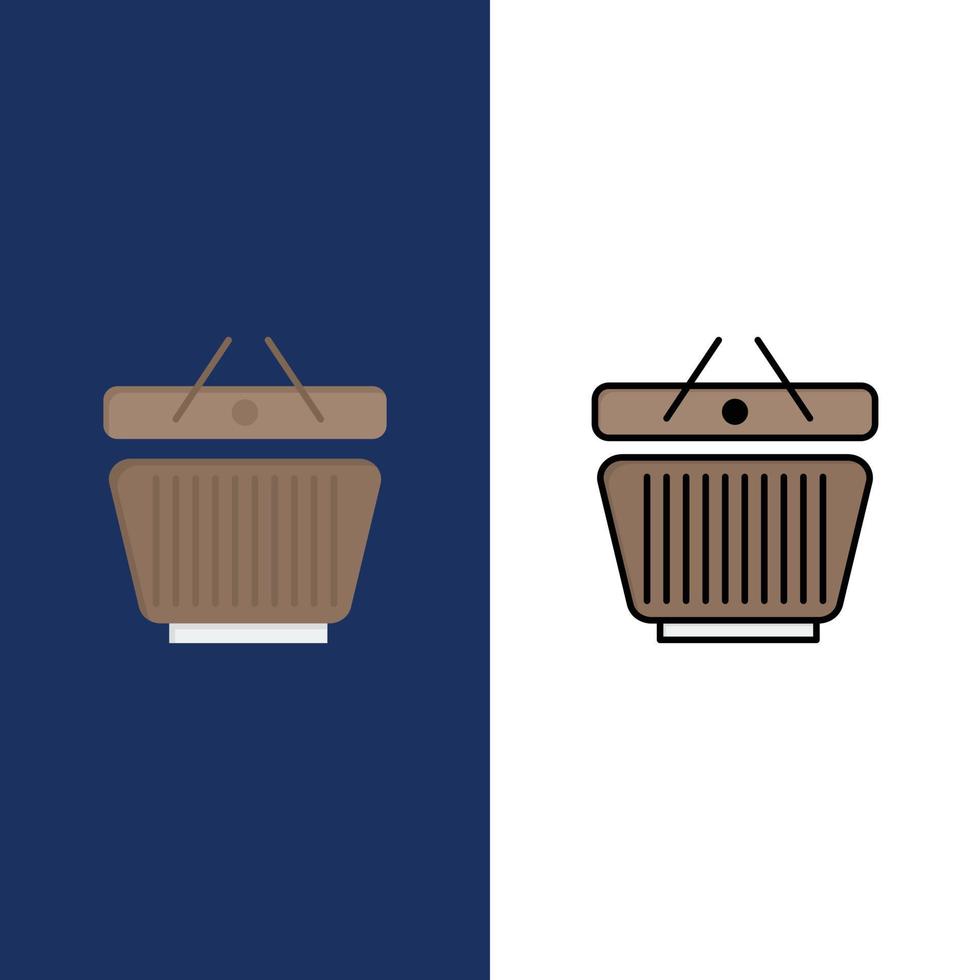 cesta de varejo ícones de carrinho de compras planas e cheias de linha conjunto de ícones vector fundo azul