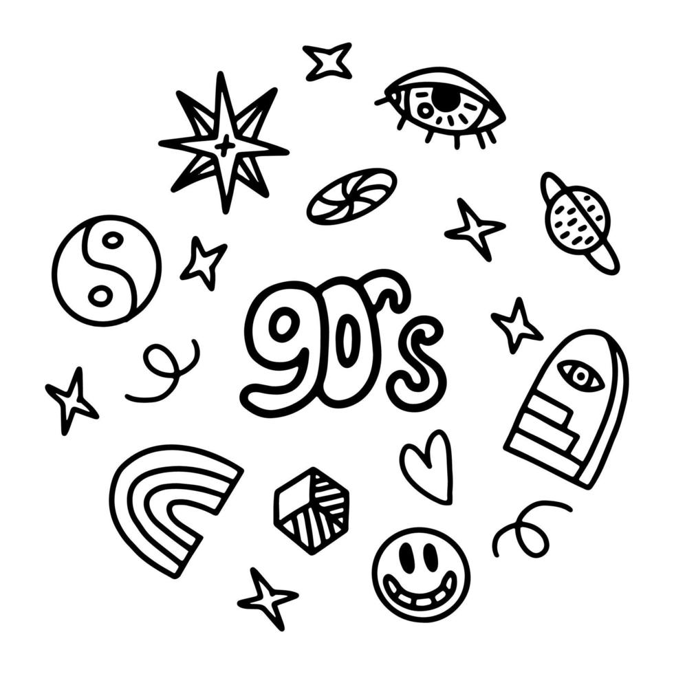 um conjunto de desenhos doodle à mão. elementos preto e branco no estilo dos anos 90. esboço 1990, sorriso, arco-íris, olho vetor