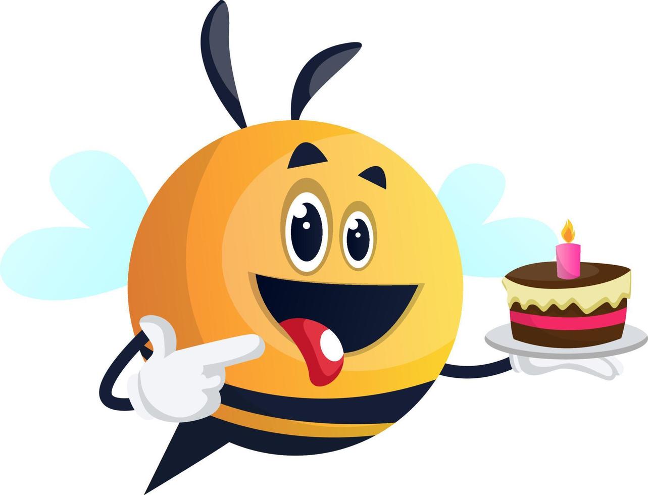 abelha segurando um bolo, abelha apontando no bolo, ilustração, vetor em fundo branco.