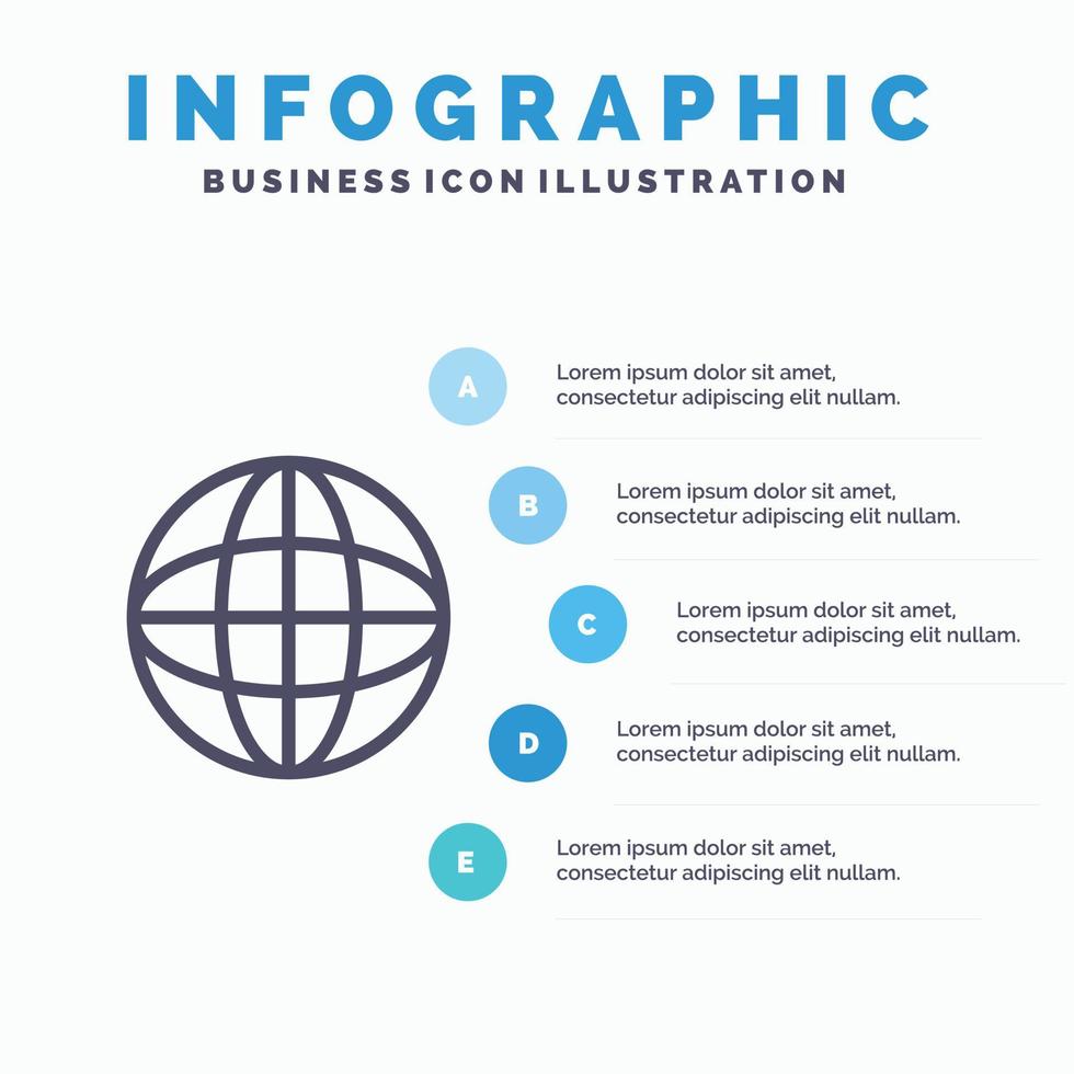 ícone de linha de educação de internet globo mundial com fundo de infográficos de apresentação de 5 etapas vetor