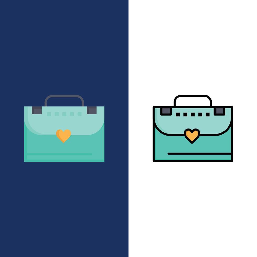 bolsa maleta ícones de amor planos e cheios de linha conjunto de ícones vector fundo azul