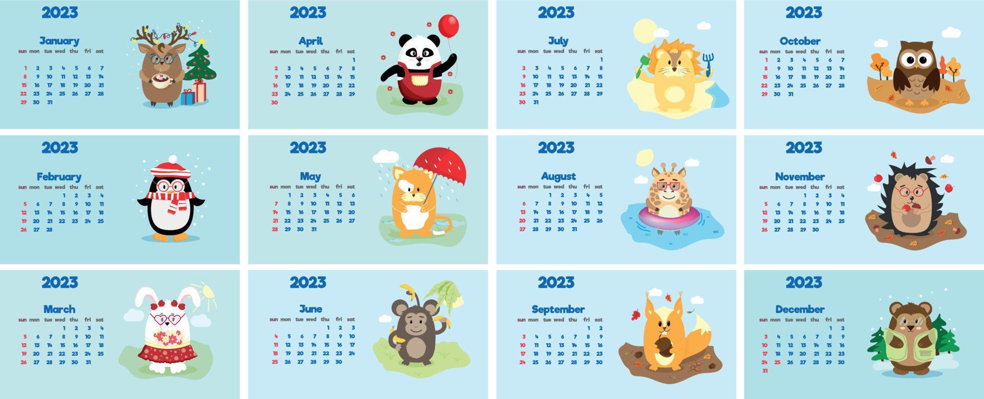o calendário infantil para 2023 com hieróglifos fofos em todas as páginas é definido com animais adoráveis vetor