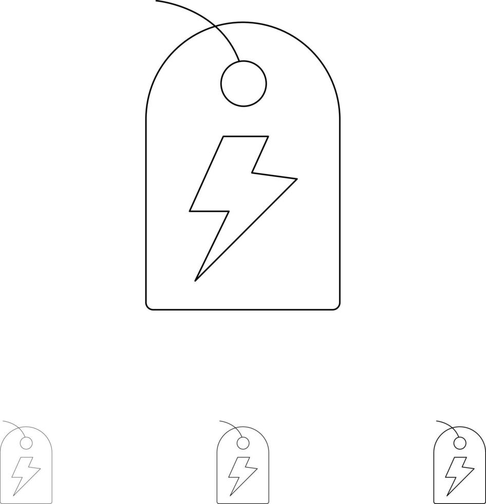 etiqueta sinal energia energia negrito e fino conjunto de ícones de linha preta vetor