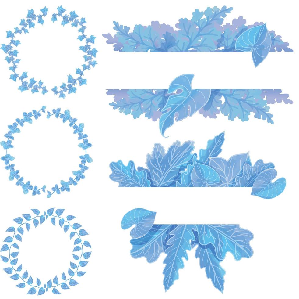 conjunto de moldura de folha e flor em aquarela, folhas azuis clipart vetor