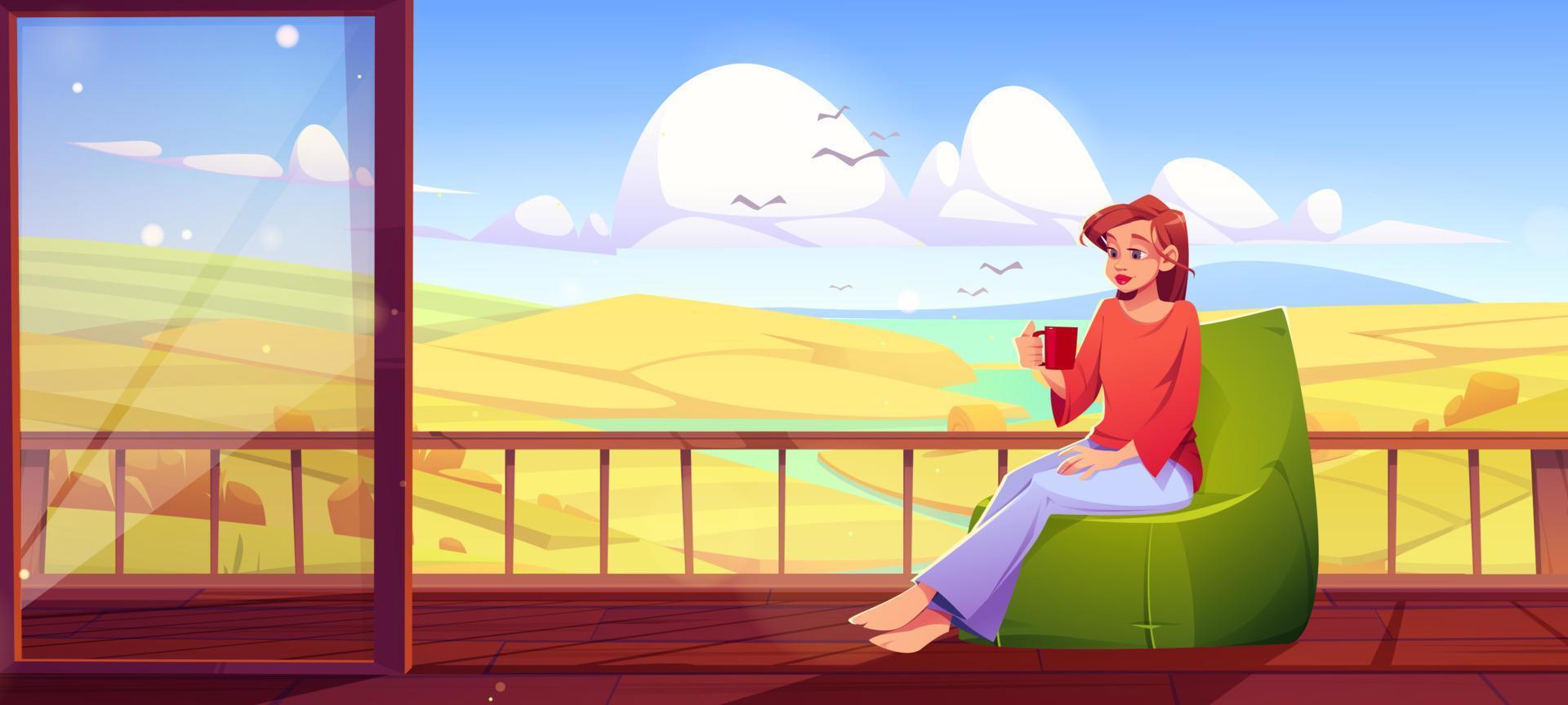 mulher com café relaxa no terraço ao ar livre vetor