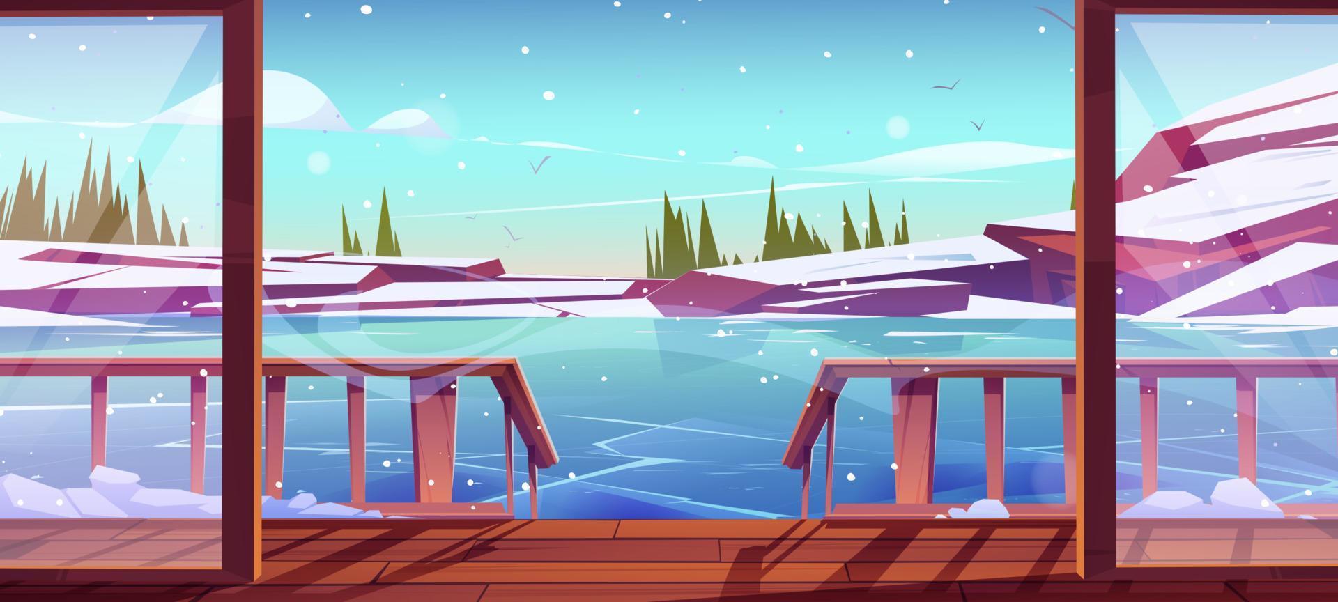 chalé de madeira varanda e vista para lago congelado vetor