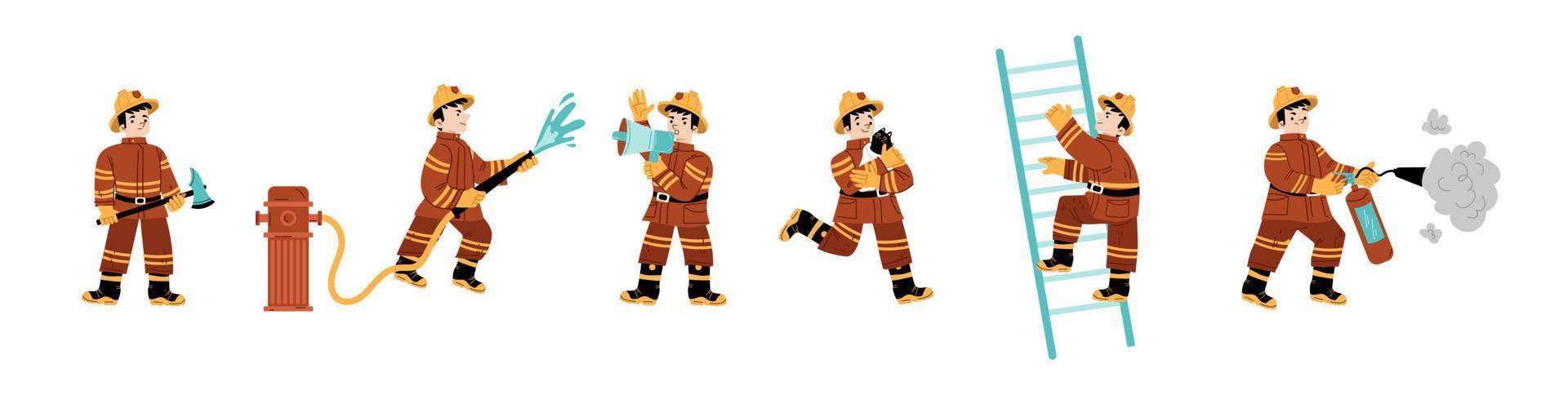 conjunto de crianças de bombeiros lutando com chamas vetor