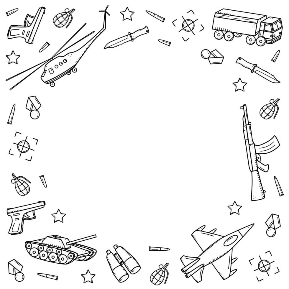 ícones de doodle militar. ilustração vetorial de um conjunto de equipamentos militares, itens do exército vetor