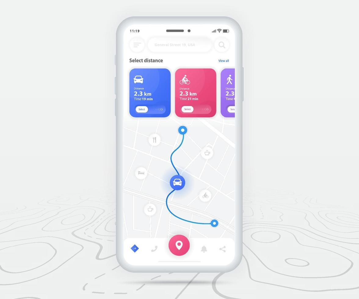 mapear navegação gps ux conceito de interface do usuário, aplicativo de mapa de smartphone e localização de destino na tela, navegação no mapa de pesquisa de aplicativos, mapa de tecnologia, mapas de navegação da cidade, rua da cidade, rastreamento, localização, vetor