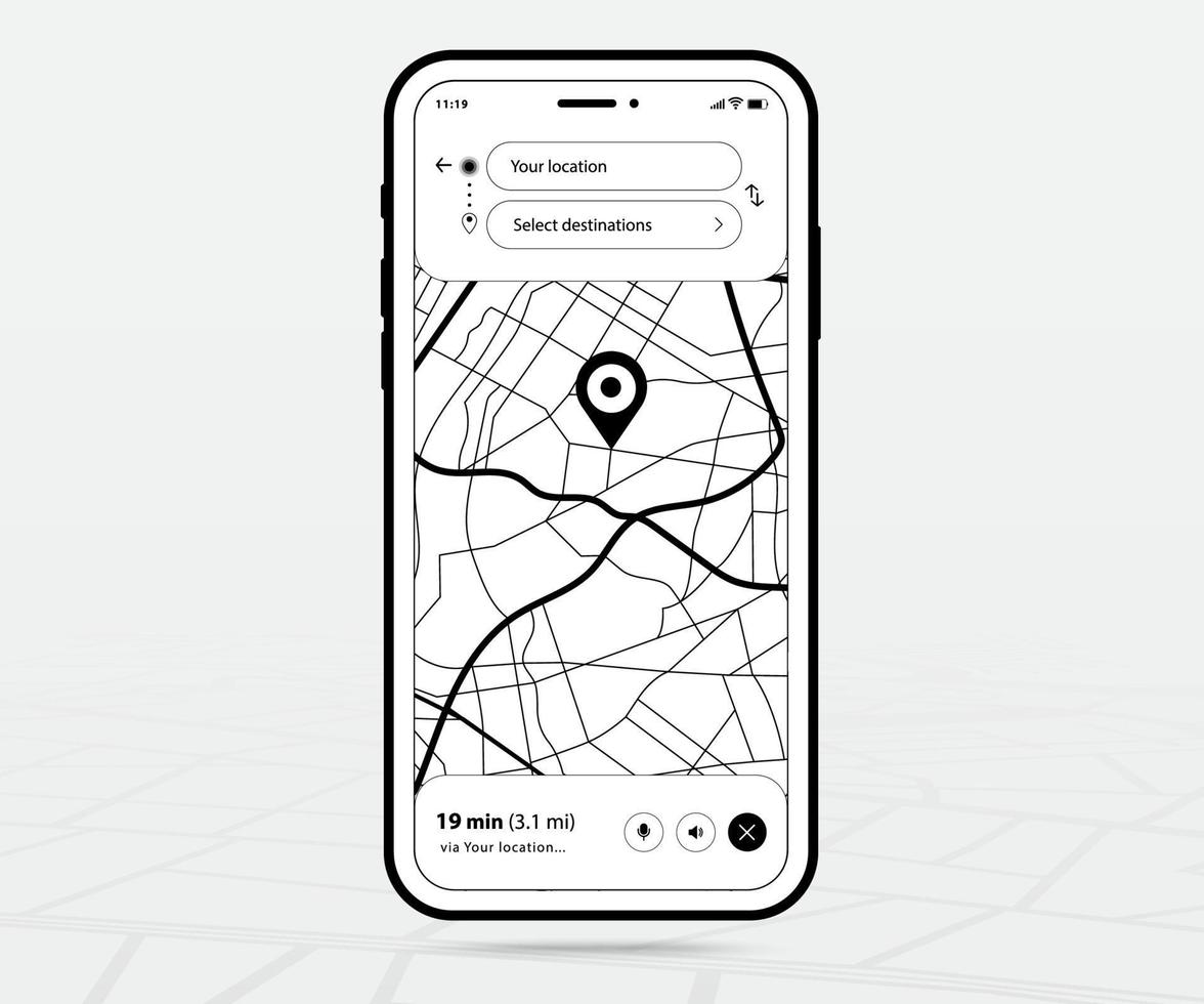 mapear navegação gps ux ui outline, aplicativo de mapa de smartphone e destino pontual na tela, mapas de pesquisa de aplicativos navegar, mapa de tecnologia, mapas de navegação da cidade, ícone do mapa, rastreamento, localização, vetor