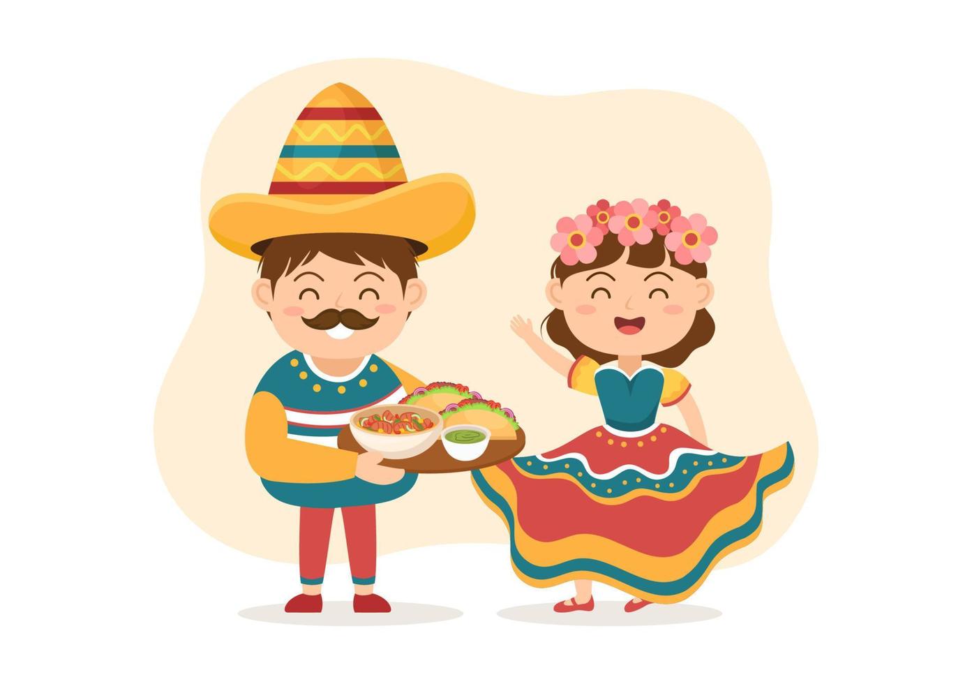 restaurante de comida mexicana com vários tacos de cozinha tradicional deliciosos, nachos e outros na ilustração de modelos desenhados à mão de desenhos animados planos vetor