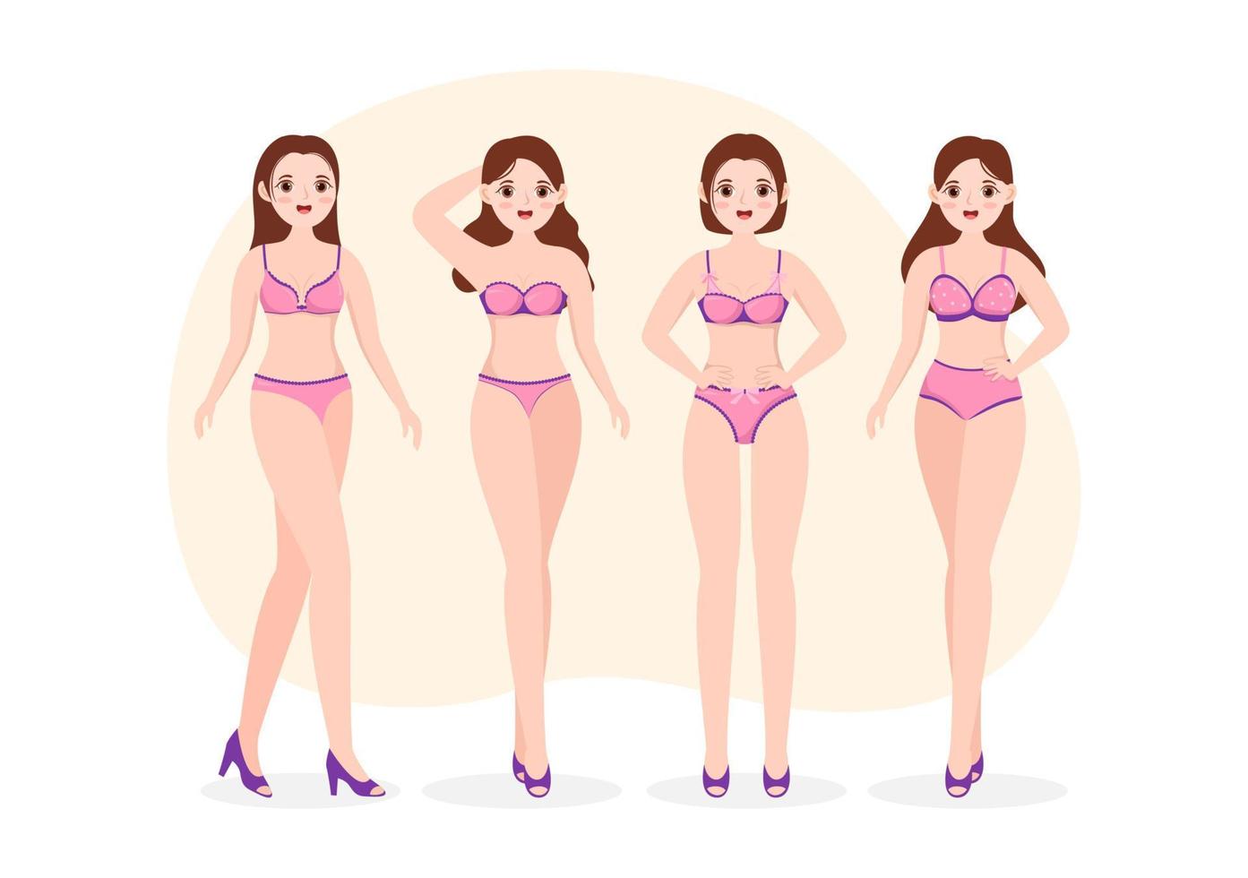 coleção de lingerie de mulher elegante, sutiã e calcinha com cor rosa e roxa na ilustração de modelos desenhados à mão de desenho plano vetor