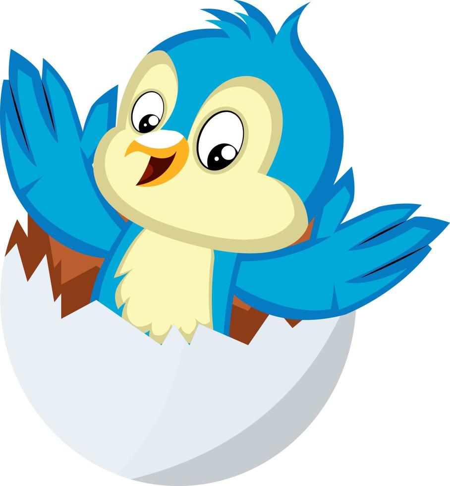 pássaro azul está saindo de um ovo, ilustração, vetor em fundo branco.