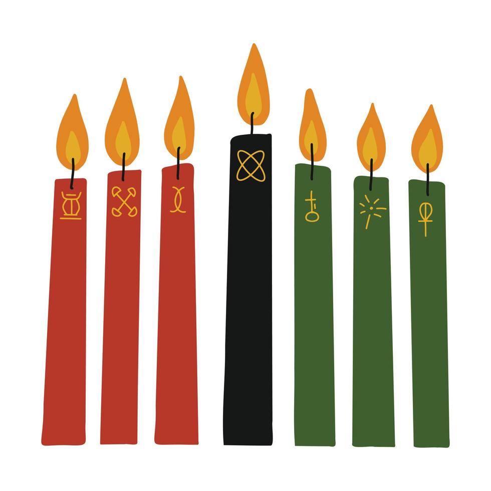 kwanzaa clipart - velas kinara - vermelho, preto, verde com símbolos desenhados à mão de sete princípios de kwanzaa. clipart simples bonito para férias de inverno de celebração de herança afro-americana. vetor