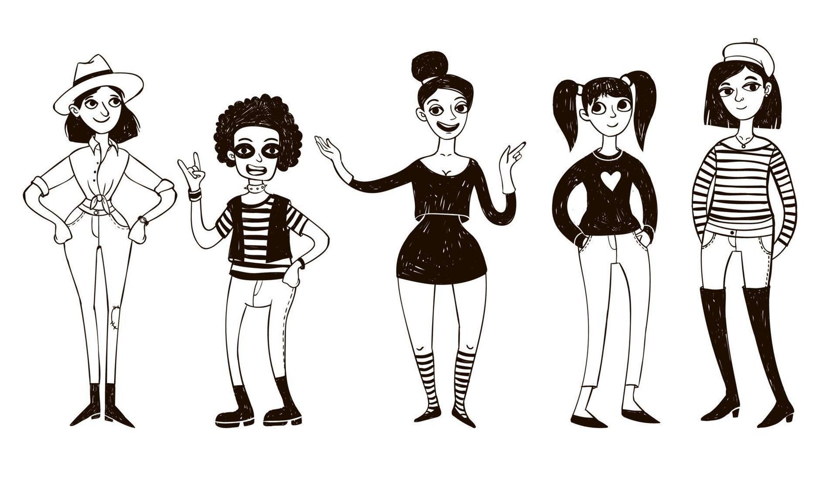 conjunto de mulheres doodle em estilo retro. vetor