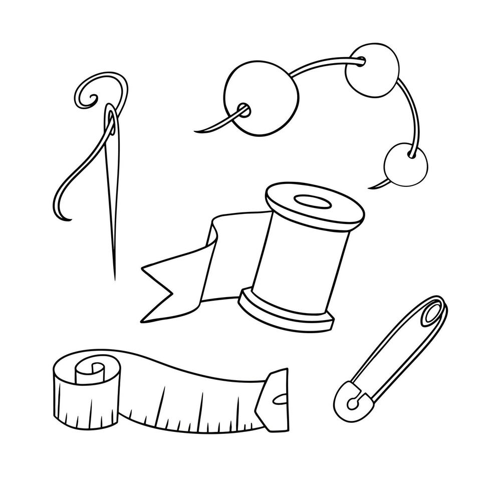 conjunto monocromático de ícones, coleção de objetos para bordado e fazer várias coisas, ilustração vetorial em estilo cartoon vetor