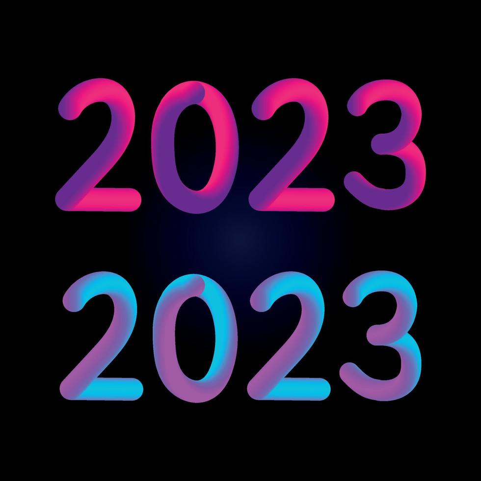 feliz ano novo 2023 futuro metaverso neon texto neon com efeito metálico, números e linhas de futurismo. vetor cartão, banner, ilustração 3d de cartaz de parabéns. luz eletrônica na moda moderna