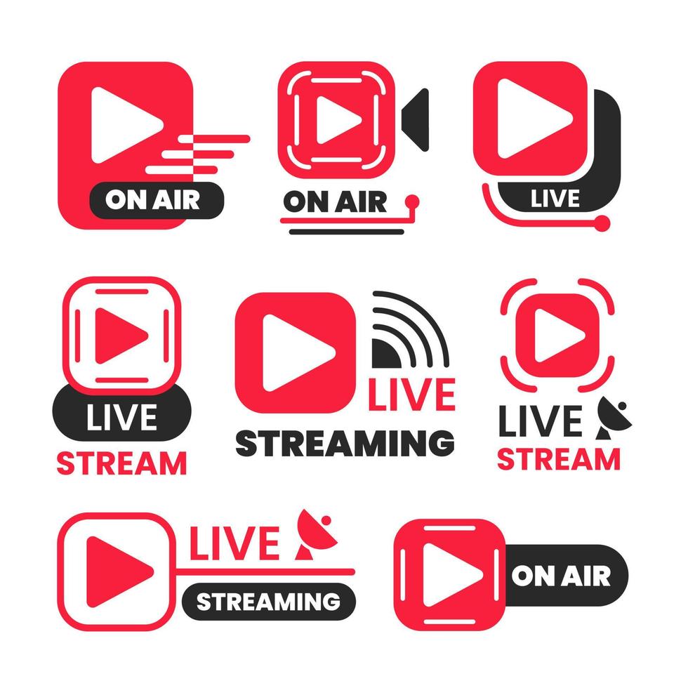 transmissão ao vivo do logotipo do youtube no conjunto de emblemas de ícones de ar vetor