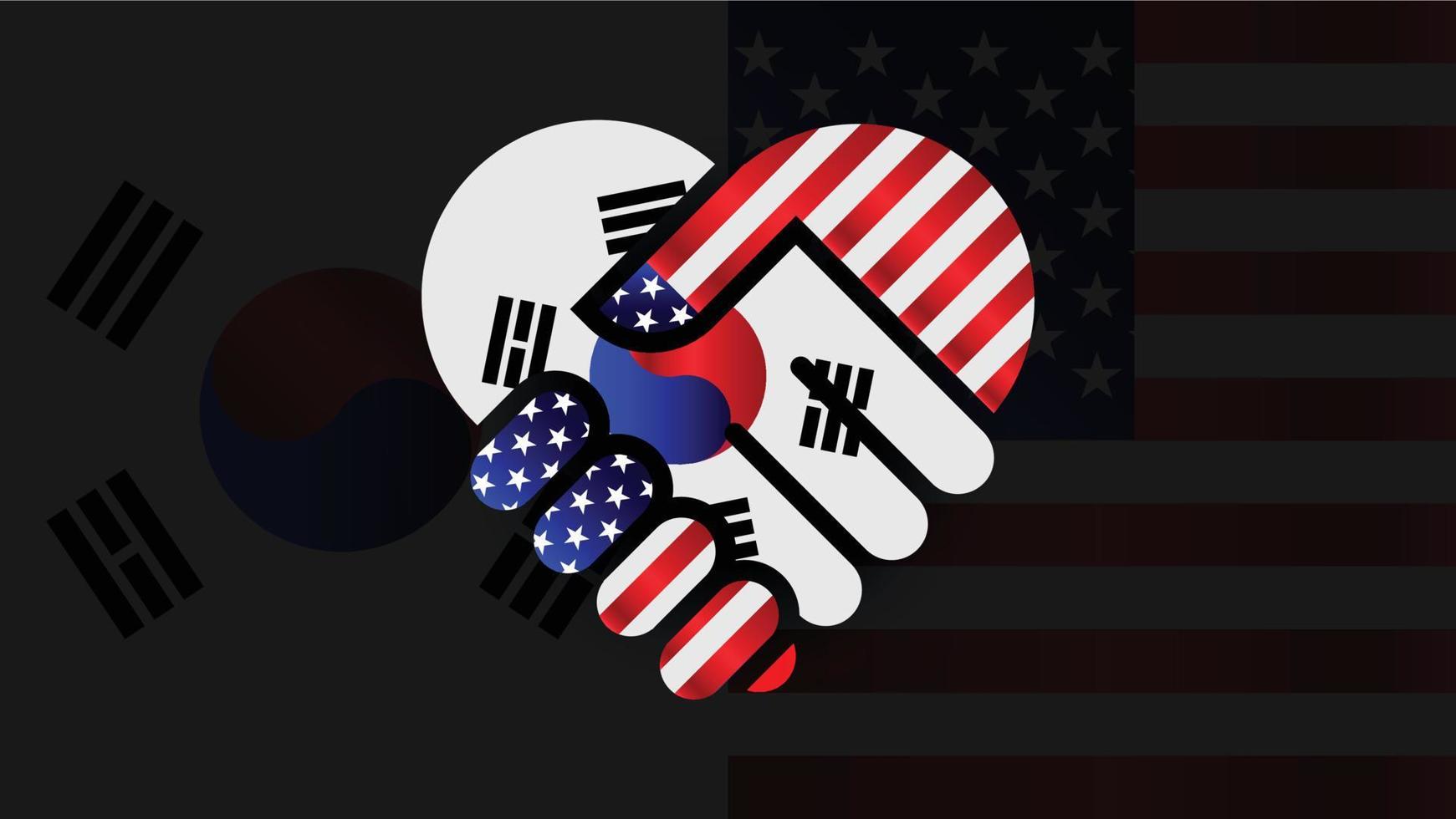 bandeiras dos estados unidos da américa e da coreia do sul no aperto de mão das relações. duas bandeiras juntas. uso adequado para evento sul-coreano e americano vetor
