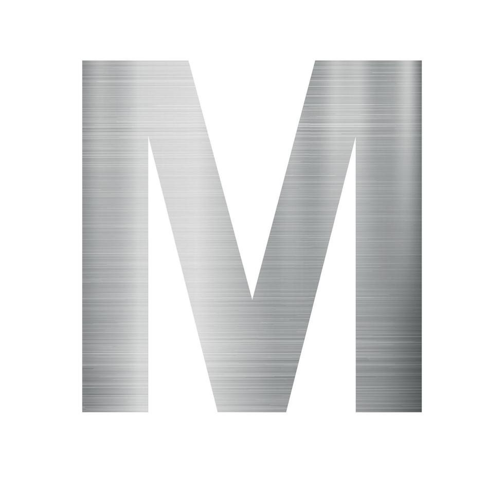 textura de metal prateado, letra do alfabeto inglês m em fundo branco - vetor