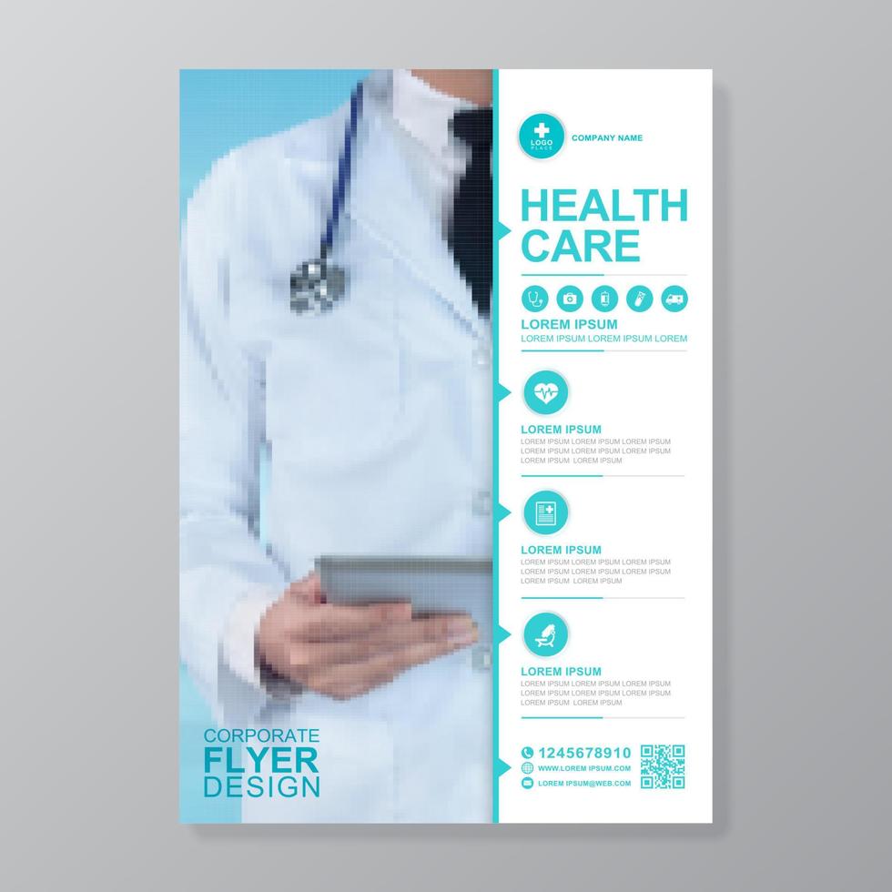 design de modelo a4 de cobertura de saúde e ícones planos para um relatório e design de folheto médico, folheto, decoração de folhetos para impressão e ilustração vetorial de apresentação vetor