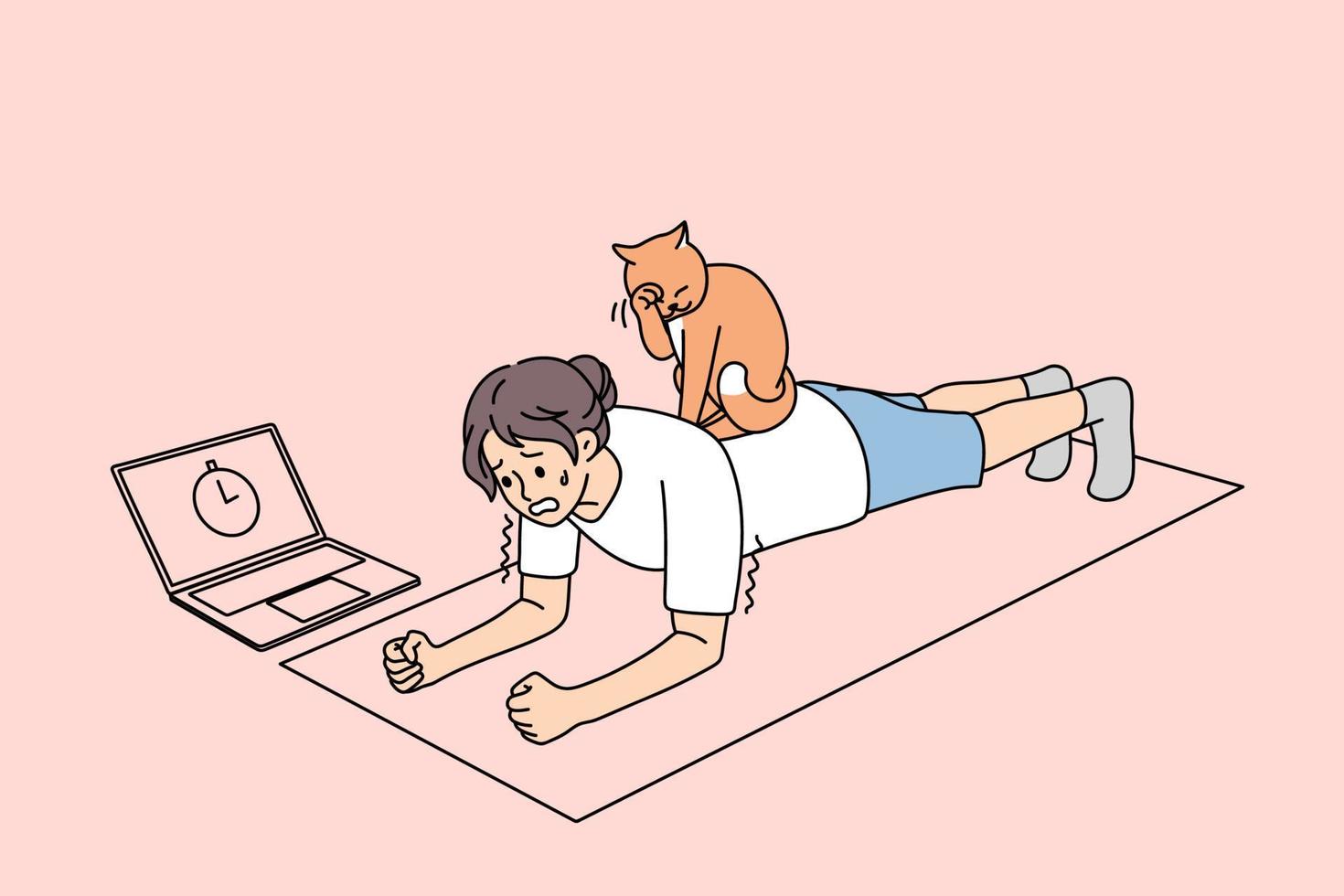 mulher desportiva fica na prancha, gato preguiçoso sentado nas costas. garota ativa tonificada segue um estilo de vida saudável pratica esportes com aula de treinamento on-line ou aula no computador em casa no bloqueio. ilustração vetorial. vetor