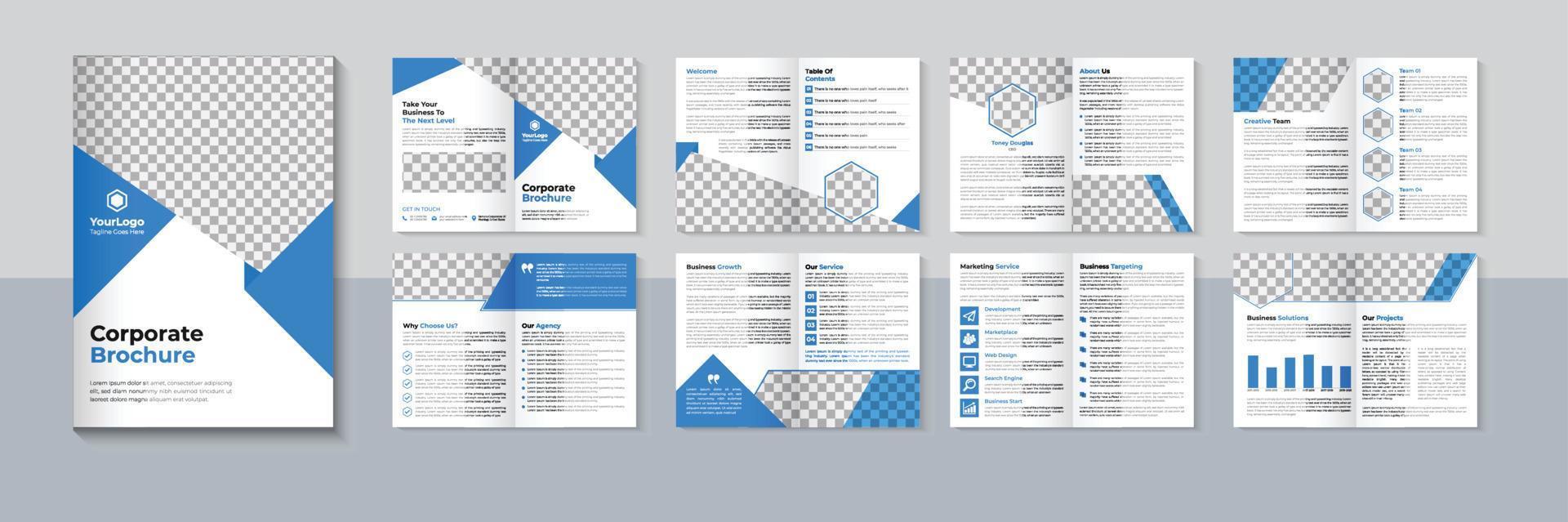 design de brochura de perfil da empresa, modelo de brochura de 16 páginas de negócios, design de brochura corporativa, layout, cor azul, vetor livre